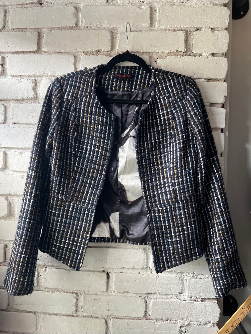 Textured Black and Cream Tweed Collarless Blazer